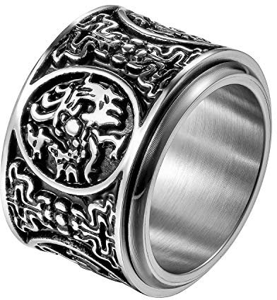 JewelryWe Schmuck Retro Herren-Ring Edelstahl Uralte 4 Wächter Bestien Chinesisch Mythologie Ringe Drehbar Bandring Band mit Gravur Größe 70