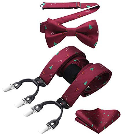 HISDERN Weihnachts Hosenträger Herren Extra Stark Breit 3,5 cm mit 4 Metall Clips Y Form Einstellbar und Elastisch Hosenträger Fliege Set für Männer