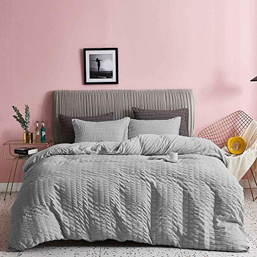 Seersucker - Copripiumino con federe in 100% cotone, 200 fili, colore: bianco, argento, antracite, rosa, grigio, per letto matrimoniale, king size, super king size (grigio argento, matrimoniale)