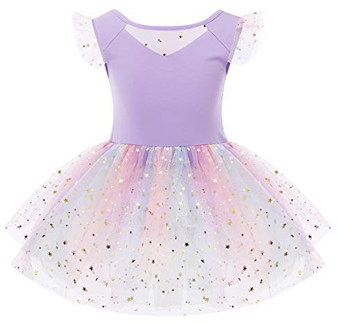 IMEKIS Kind Mädchen Regenbogen Ballettkleid Fliegenhülse Pailletten Gymnastik Trikot Ballettanzug Tanzbody Tüll Tutu Einteiliger Ballerina Dancewear Kostüm Lila 7-8 Jahre