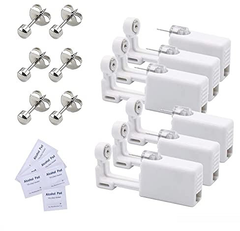 Voarge 6 Stück Ohrlochstechpistole, Einweg-Steril-Sicherheits-Ohrnasen-Piercing-Pistolen-Kit Schmerzfreies Selbst-Piercing-Werkzeug mit Ohrstecker-Asepsis-Pierce-Kit Piercing-Zubehör (Silber, 4mm)