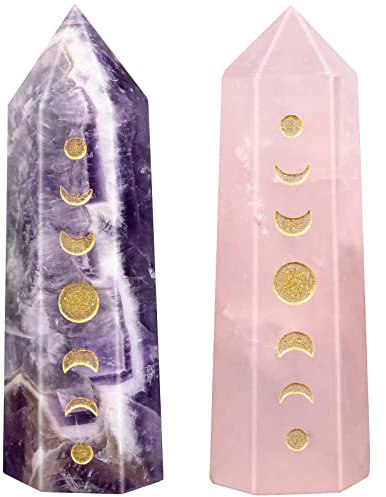 Nupuyai 2pcs Amethyst & Rose Quartz Engraved Moon Phase Lunar Eclipse Faceted Crystal Point Wand Set, Prism Quartz Point Stone for Reiki Chakra Healing Home Decor
