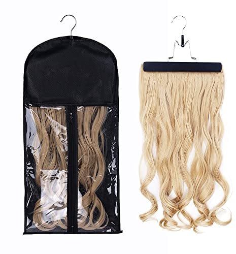 RJMBMUP Hair Extensions Storage Bag with Hanger Hairpieces Storage Holder Wigs Carrier Case for Store Style Hair Black Color