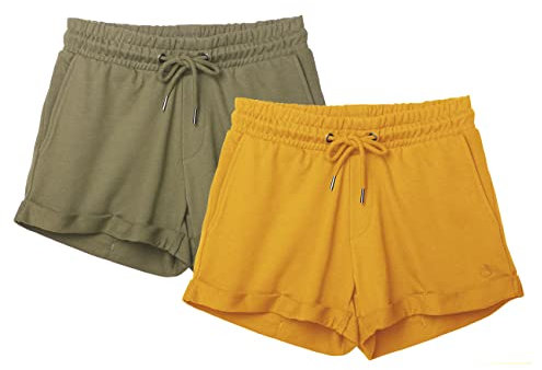 icyzone Damen Sport Shorts Kurze Sporthose Jogginghose Atmungsaktiv Laufshorts Gym Fitness Shorts 2er Pack (L, Olive/Mellow Yellow)