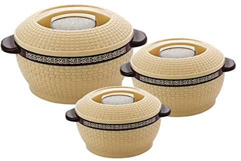 Rishabh Insulated Hot pot Casserole Hot & Cool Food Serving Dish with Lid, Double Wall. Stainless Steel Inside Set of 3 (Size 1500,2000, & 2500ml) (Cream)