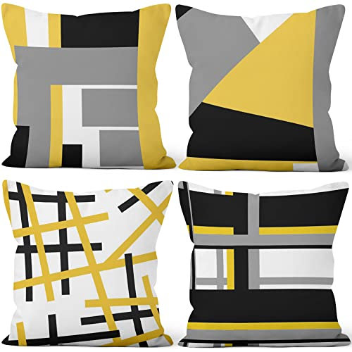 Aoihrraan 40x40cm 4er Set Dekorativ Kissenbezug Gelb Grau Weiß Modern Geometrisch Muster Weicher Plüsch Quadratischer Kissenbezug Bett Wohnzimmer Draussen Balkon Terrasse Patio Stuhl Garten Sofá