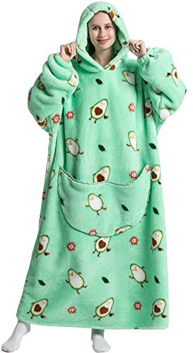 chuangminghangqi Coperta Indossabile Stampata con Maniche Felpa Gigante Coperta Pile con Ampia Tasca Frontale e Cappuccio TV Plaid Coperta Divano Pigiama Donna Uomo Invernale Peluche (Avocado-3014)