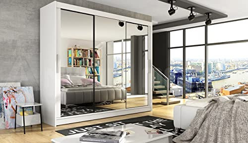 ML Furniture Aston III White Sliding 3 Door Wardrobe 250 cm – Full Mirrored - Wardrobes for Bedroom with Clothes Rail – Bedroom Furniture Set – 250 x 215 x 58