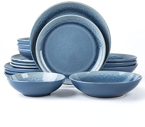 Arora FAIT Round Stoneware 16pc Double Bowl Dinnerware Set for 4, Dinner Plates, Side Plates, Cereal Bowls, Pasta Bowls - Reactive Glaze Blue (449322)