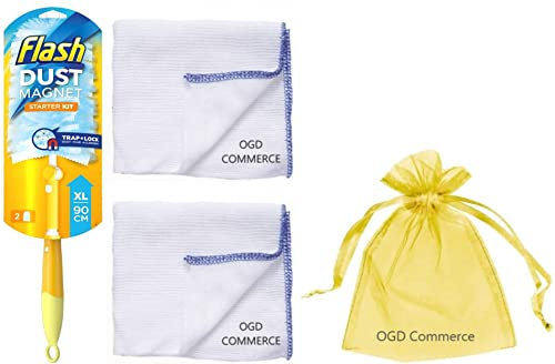 Flash Dust Magnet, Duster Starter Kit XL (Handle Extendable to 90cm & 2 Refills) 1Pk + Our Gift for You: 2X Cleaning Cloth + Organza Small Bag Size: 9x7x0.1cm