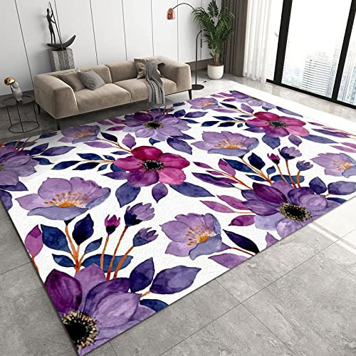 LVTFCO Tappeto Salotto Moderno a Squisito Retrò Nordico, Tappeti a Pelo Corto di Fiori Bianchi Viola, Zerbino Facile da pulire - per Pavimento Della Cucina del Ristorante 120 x 170 cm