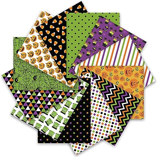 Whaline 12 Stück Halloween Baumwollstoffbündel 45,7 x 55,9 cm Spinnennetz Kürbis Monster Fat Quarters Grün Lila Schwarz Orange Quilten Patchwork Quadrate Nähen Stoffe für DIY Handwerk Party Dekor