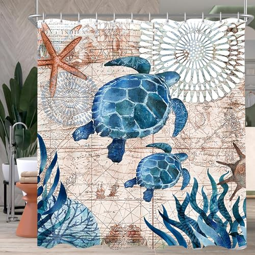 Lerores Duschvorhang 200x200cm Meeresschildkröte, Beschwerter Saum Antischimmel, Wasserabweisend, Waschbar Polyester Stoff Badevorhänge mit Ösen und 12 Duschvorhangringe für Badezimmer, Badewanne