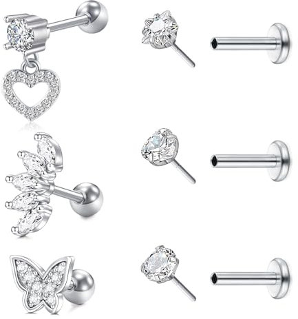 NIUSIMAN Helix Piercings,6 Stück Piercing Ohr Tragus Piercing Silber Helix Piercings Chirurgenstahl Mit Ohrpiercing Herz Schmetterling Ohrpiercing Schmuck CZ Lippen Ohrlochstecher Damen Männer