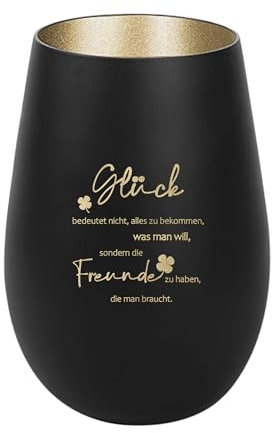 Der-Porzellan-Laden Windlicht mit Gravur Glück bedeutet Nicht, Schwarz Gold, Teelichthalter aus Glas mit Spruch, Tischdeko modern