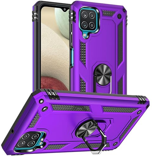 Yiakeng Samsung A12 Phone Case, Silicone Shockproof Military Grade Protective Cover with Ring Kickstand for Samsung Galaxy A12 (Purple)