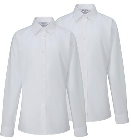 Trutex Basics 2 Pack Long Sleeve White Blouses for Girls (3-16+ Yrs) - Slim Fit School Shirts, Easy Iron - Genuine School Uniform