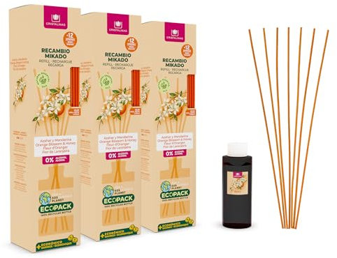 CRISTALINAS | Pack 3 Recambio Ambientador Hogar Mikado + Cañas | Aroma Azahar y Mandarina | Ideal para casa y oficina | 100% Puro | Larga Duración 12 Semanas | 3x85ml | 0% Alcohol