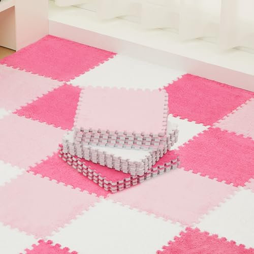 Amylove 36 Stück Schaumstoff-Teppichfliesen, ineinandergreifend, Weiß, Rosa