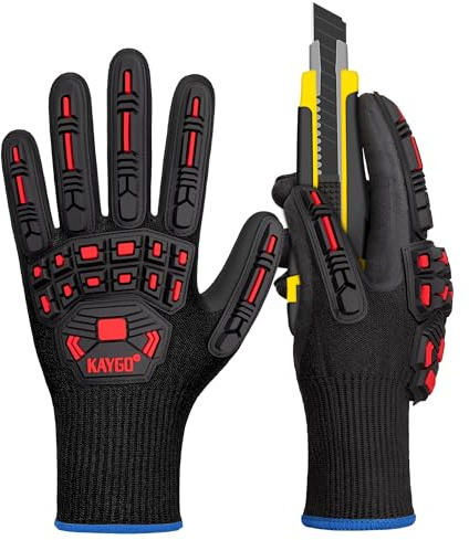 KAYGO Anti Impact Arbeitshandschuhe,TPR Schutz,Schnittfest Level C, KG30NB | Nitril Beschichtet, Rutschfester Grip, 1 Paar Impact Verringerung Sicherheitshandschuhe für Bau DIY (Schwarz Rot, M, Gr 8)
