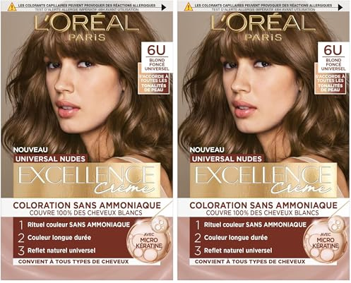 L’ORÉAL PARIS - Coloration Cheveux Cheveux Permanente - Sans Ammoniaque - Couvre 100% des Cheveux Blancs - Excellence Crème Universal Nudes - Nuance : Blond Foncé Universel (6) (Lot de 2)