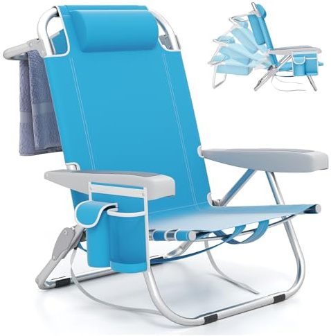 COSTWAY Chaise Longue, Chaise de Plage Pliable, 5 Positions Réglable, Porte-Gobelet, Porte-Serviette, Poches, Appui-tête, Sangles, Fauteuil pour Plage Piscine Jardin, Charge 150 kg (Bleu,1 pièce)