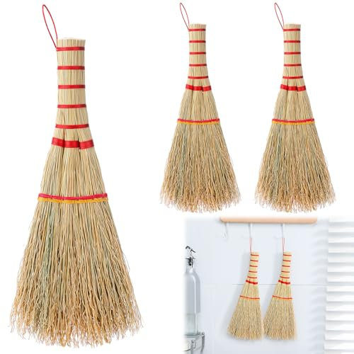Suclain 2 Pcs Small Corn Whisk Brush Broom 100% Handmade 12 Inch Handheld Brush Whisks Natural Corn Short of Asian Whisk Broom with Nylon Thread Handle for Household Sweeping Indoor Outdoor(Style A)