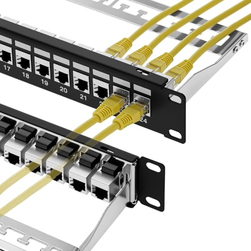 QWORK Panneau de brassage 24 ports Cat6A avec support Keystone 10G, panneau de brassage réseau blindé 1U 48,3 cm avec barre arrière amovible pour Cat7, Cat6