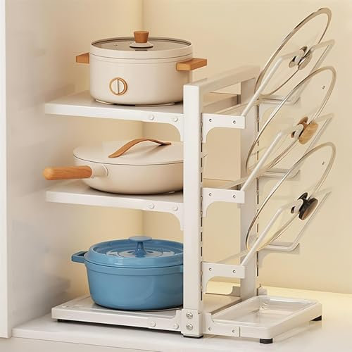 TUPOSTAR Rangement pour Casseroles Et PoêLes sous Placard, Rangement Robuste pour Casseroles Et PoêLes, éTagèRe De Rangement RéGlable à 4 Niveaux, pour Placard,Blanc,5Tier