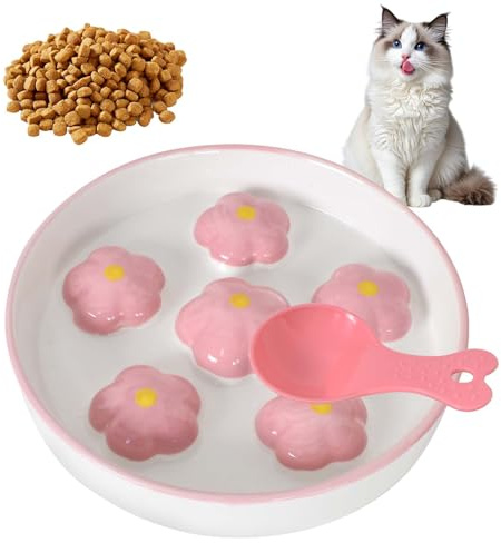 Slow Feeder Cat Bowl Ceramic, Pet Food Dishes, Slow Feeder Dog Bowl with Pet Food Spoon, Dishwasher Safe, Interactive Design, Anti Choke, for Dogs Cat Slow Eating Pink Flowers