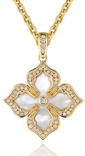 Jenosy Gold Vierblättriges Kleeblatt-Halskette für Frauen 14K vergoldete Kleeblatt-Anhänger-Halskette, doppelseitig mit Diamanten, Vintage-Filigran-Blumen-Halskette