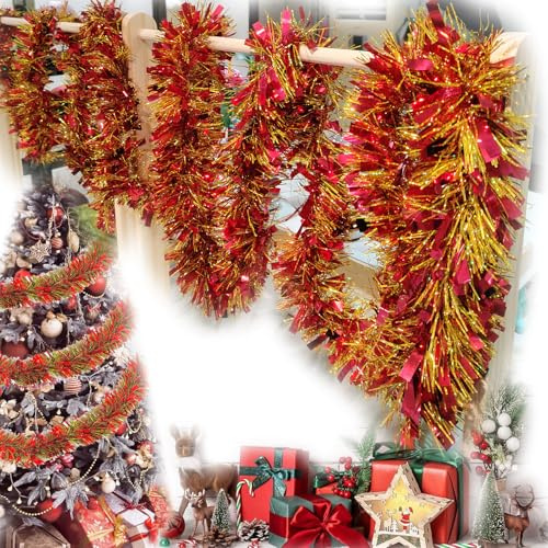 Tinsel Girlanden Weihnachten, 4 Stück x 2 m, glänzende Tinsel-Girlande, Weihnachtsgirlande, geeignet für die Innen- und Außendekoration von Weihnachtsfeiern (rot)