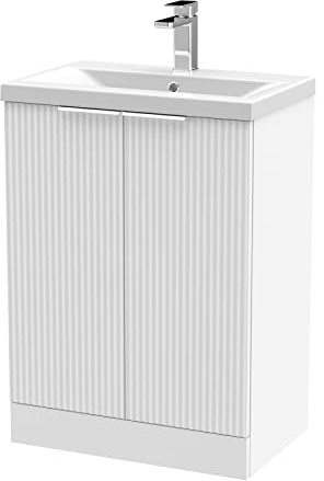 Balterley Vanity Unit with Basin Floor Standing, Soft Close 2 Door with Mid Edge Sink, Bathroom Vanity Units with Basin, Fluted Front Bathroom Sink Cabinet - 610 x 390 x 850mm (White)