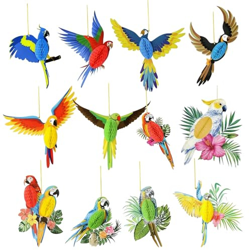 YUZHEDM 12 Stück Tropische Vogeldekoration Papagei Deko Hawaii Party Deko mit Schnur, Sommerdeko Geeignet für Hawaii-Partys Strände Themengeburtstage Poolpartys Familienfeiern Kinderzimmer (12 Stück)