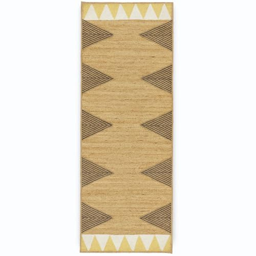 ARTS OF JAIPUR Natürlicher Jute-Läufer, Gelb und Beige, geometrisches Muster, Jute-Teppich für Schlafzimmer, Wohnzimmer, Flur, Treppen, Balkon, ideal für hohe Bereiche (Naturfarben, 60 x 120 cm)
