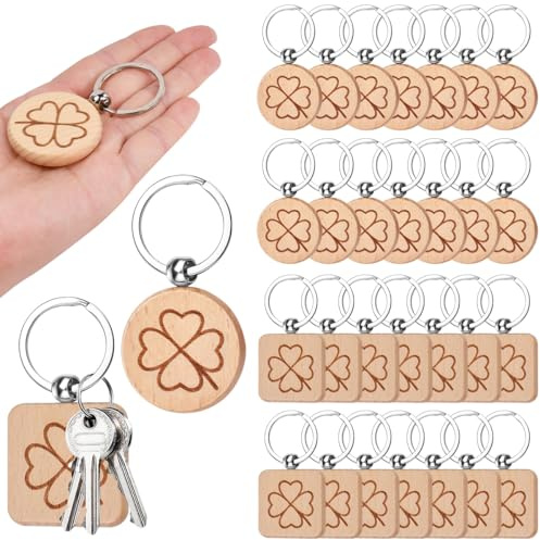 WEFHEF 30 Pcs Porte-Clés Trèfle à Quatre Feuilles, Porte-Clés en Bois en Ronds et Carrés, Porte Clé Porte Bonheur avec Anneau Métal, Porte Cléf Trèfle 4 Feuilles, pour Sac Moto Voiture Artisanale