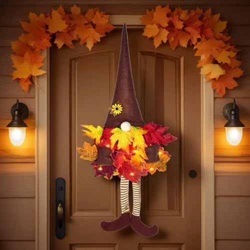 Türkranz Herbst Wichtel mit LED Licht, Herbstdeko Wichtel Türkranz mit Lichterkette, Herbst Deko Aesthetic mit Herbstblätter, Hängende Herbstdeko Kranz für Haustür & Wand (A)