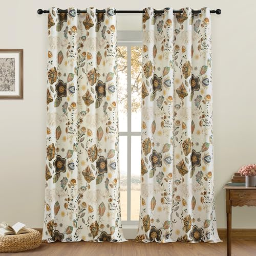 XiDi Lot de 2 rideaux en lin pur style rétro - Motif feuilles multicolores - Style bohème - Pour maison de campagne - 2 panneaux filtrants de lumière avec brise-vue pour salon, chambre à coucher