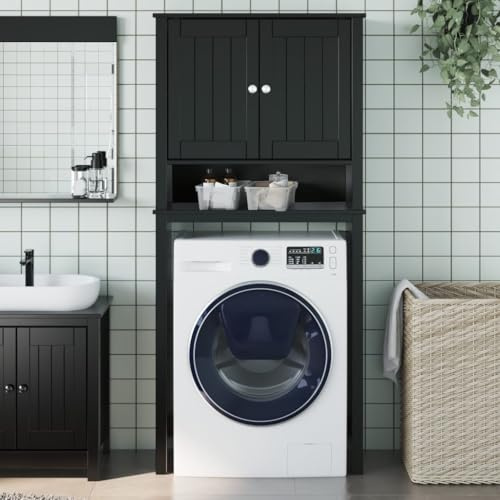 Ziaphsol Armadio per lavatrice Berg nero, 76 x 27 x 164,5 cm, legno massello di pino con 2 ante, 3 scomparti, salvaspazio per bagno, lavanderia, verniciatura UV