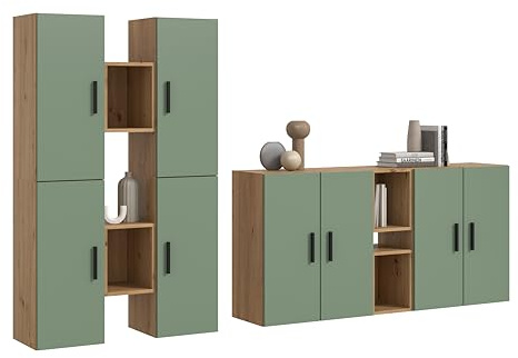 xonox.home – Wohnkombination The One 270x182x34 cm in Artisan Oak und Smoke Green – XXL Wand mit 8 Türen – 20 Fächer ermöglichen eine perfekte Organisation in einem harmonischen Farbspiel