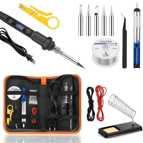 Soldador de 80W con Pantalla LCD, Temperatura Regulable 180-500°C, 5 Puntas Intercambiables, Bomba Desoldadora, Soporte, Pinza – Kit de Soldadura para Electrónica y Bricolaje
