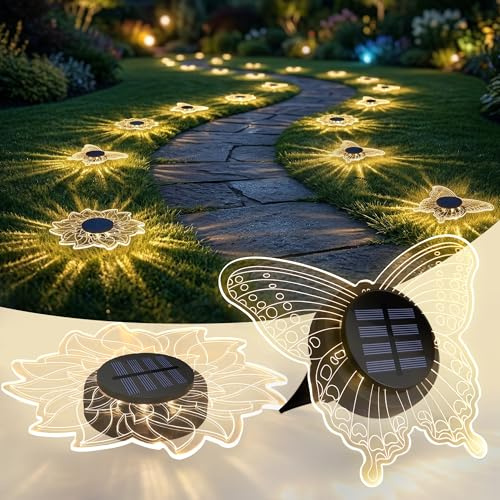Solarlampen für Außen Garten, LED Solar Wandlampe Blume & Schmetterling Solarleuchten Outdoor Wetterfest Gartenlicht Aussen Solar Bodenleuchten für Rasen Hof Gehweg Zäune Wand Deko, Warmweiß