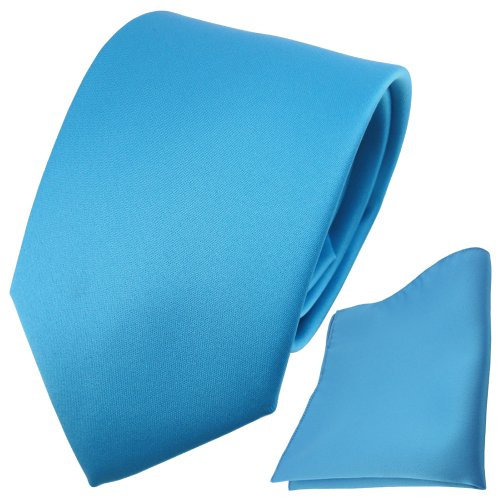 TigerTie - Satin Krawatte + Einstecktuch in blau türkis wasserblau Uni - Tie Binder