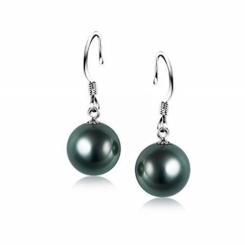 Schmuckwilli Perlenohringe für Damen & Mädchen - mit 16mm großen grün schwarzen runden Muschelkernperlen MK Perlen - Elegante Ohrringe für jeden Anlass - Ohrstecker - Ohrhänger Pearl earrings für Frau