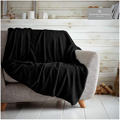 GC GAVENO CAVAILIA Waffle Popcorn Double Throw - Soft Honeycomb Textured Blanket for Sofa and Bed | Lightweight, Fluffy, Easy Care Bedspread | Cosy, Warm Throw for All Seasons, (150x200 cm) Black