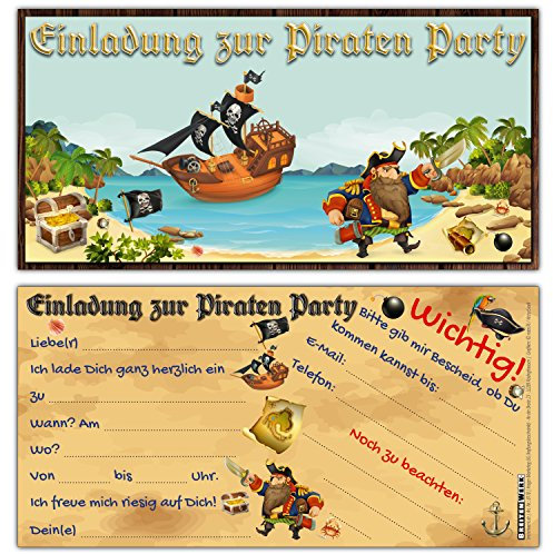 BREITENWERK 12 Piraten Einladungskarten im Set zum Ausfüllen - ideale Einladungen für Jungen und Mädchen Kinder-Geburtstag Party oder Schatzsuche