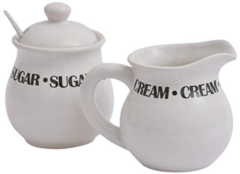 Traditional Ceramic Cream & Sugar Tableware Set - 3 Piece (Includes Sugar Spoon) - White with Black Lettering