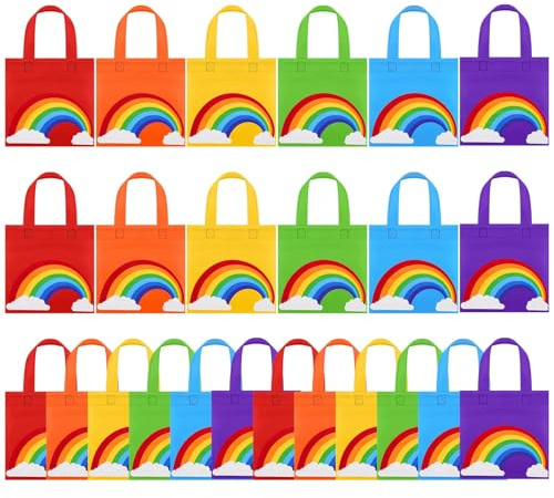 Aneco 24 Stück Regenbogen-Vliesbeutel Tragetaschen Geschenktüten Regenbogen Partytüten Geburtstagstaschen mit Griffen für Partygeschenke, 20,3 x 20,3 cm, 6 Farben