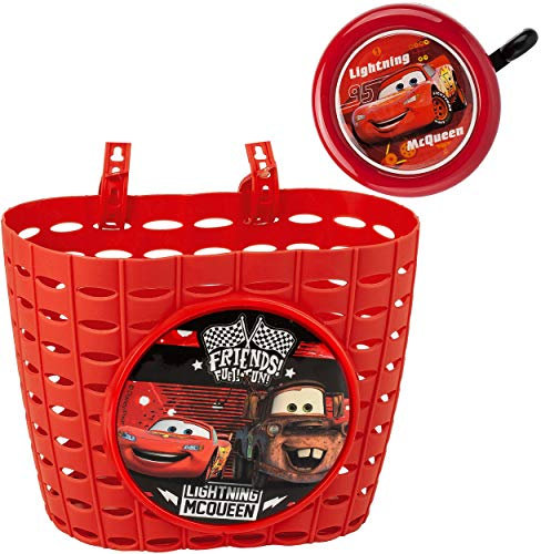 alles-meine.de GmbH 2 TLG. Set: Fahrradklingel + Fahrradkorb - Cars - Auto - Lightning McQueen - UNIVERSAL Ding Dong - 2 Klang - Klingel für das Fahrrad/Jungen Mädchen - kleine..