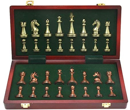 Schachspiel Schach Metall glänzende Bronze und Messing Schachfiguren aus massivem Holz Klappschachbrett Hochwertige professionelle Schachspiele Set Geschenk